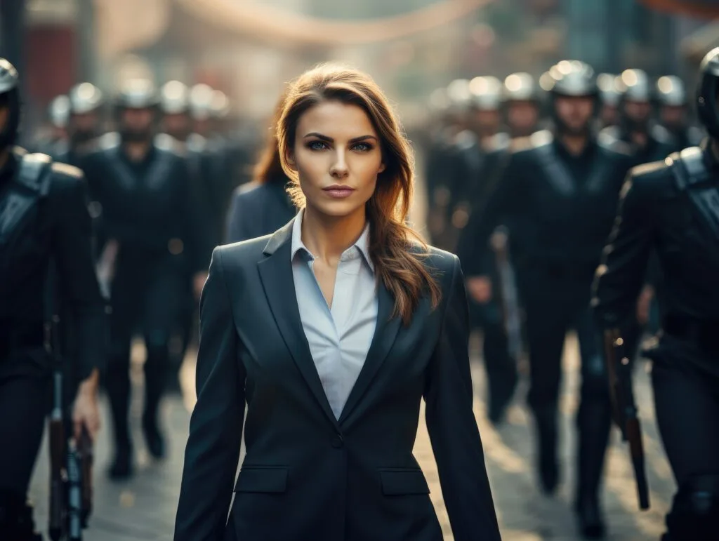 Authority woman walking in front of people with strong Saturn