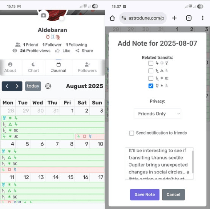 astrodune-connections-transit-journal-calendar-and-note-dialog Astrodune Connections transit journal calendar and note dialog