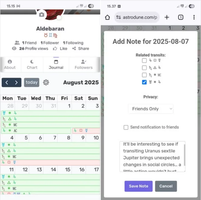 Astrodune Connections transit journal calendar and note dialog