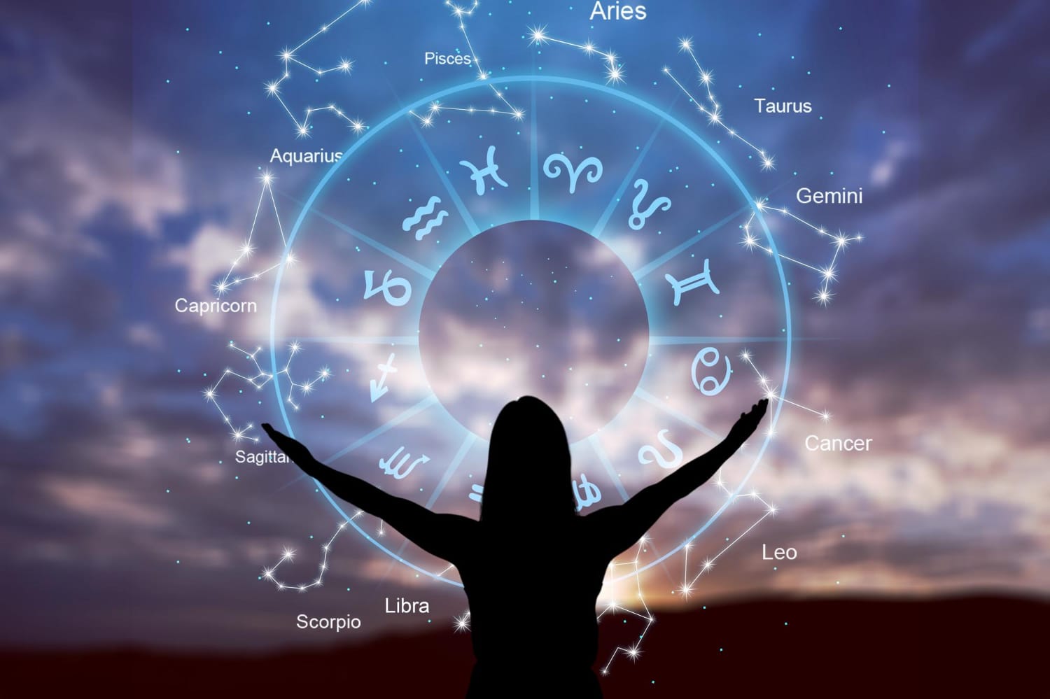 Astrologers community Woman embracing an astrology chart floating in the sky