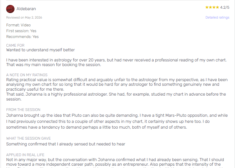 A client review on Astrodune showing session details, star ratings, and a written account of an astrology reading experience.