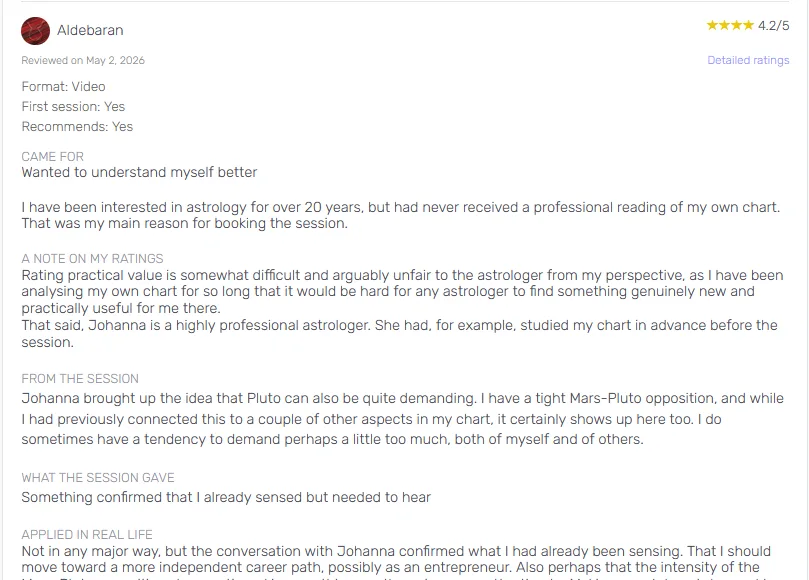 A client review on Astrodune showing session details, star ratings, and a written account of an astrology reading experience.