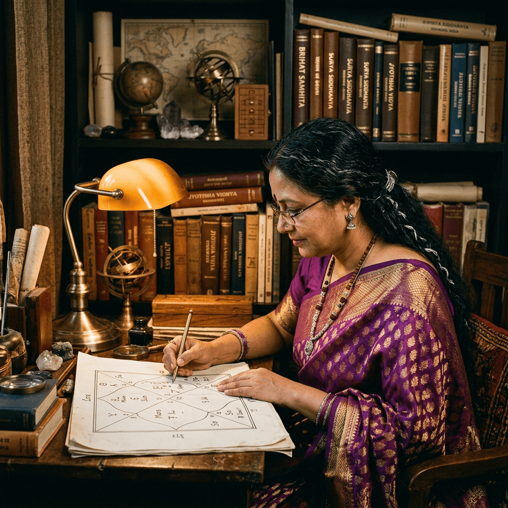 An astrologer drawing a vedic birth chart