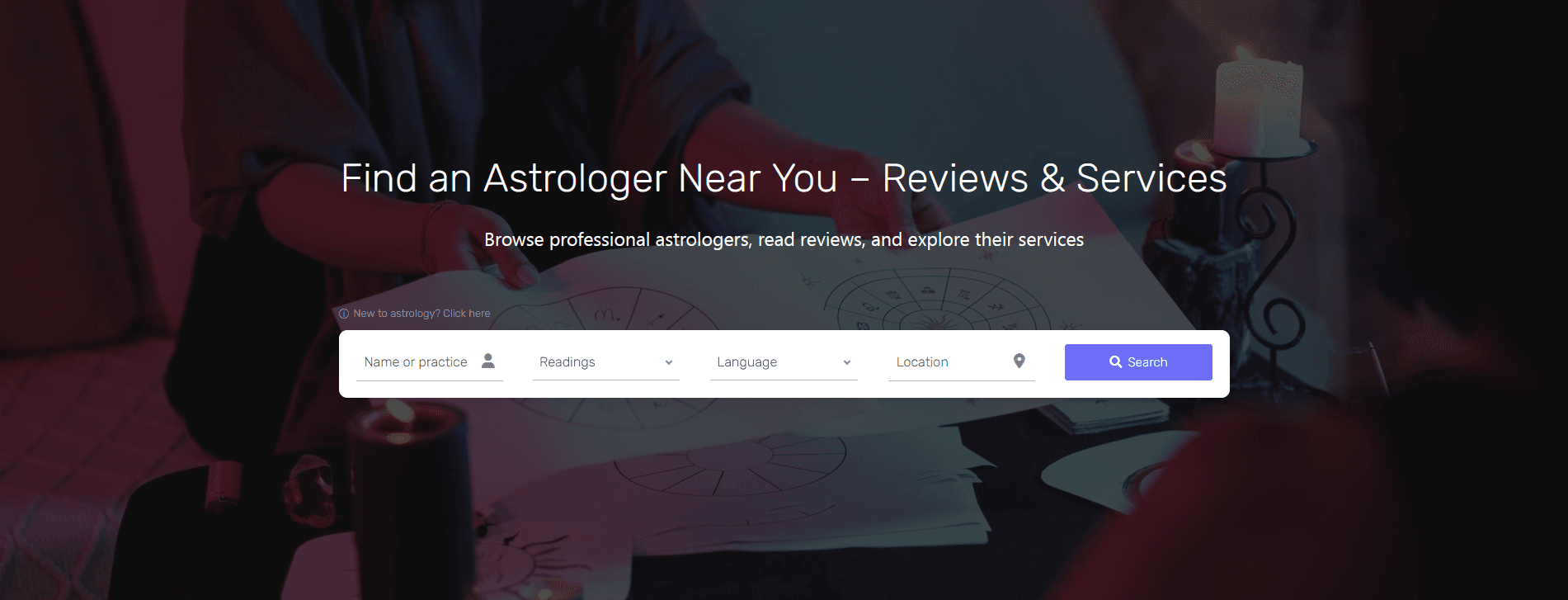 Find astrologer search form with background image displaying astrologer working.