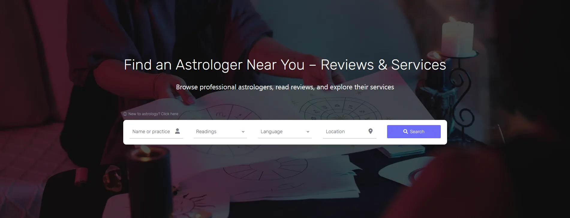 Find astrologer search form with background image displaying astrologer working.