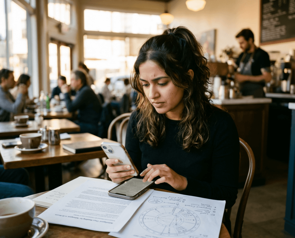 Woman writing an astrologer review on her phone while looking at printed chart interpretation notes on the table