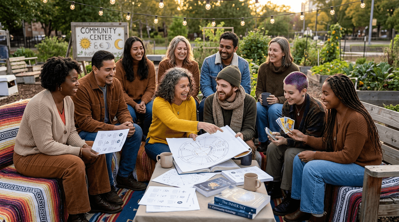 A group of people gathered around an outdoor table, sharing astrology charts and tarot card.