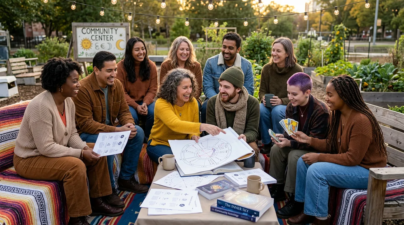 A group of people gathered around an outdoor table, sharing astrology charts and tarot card.