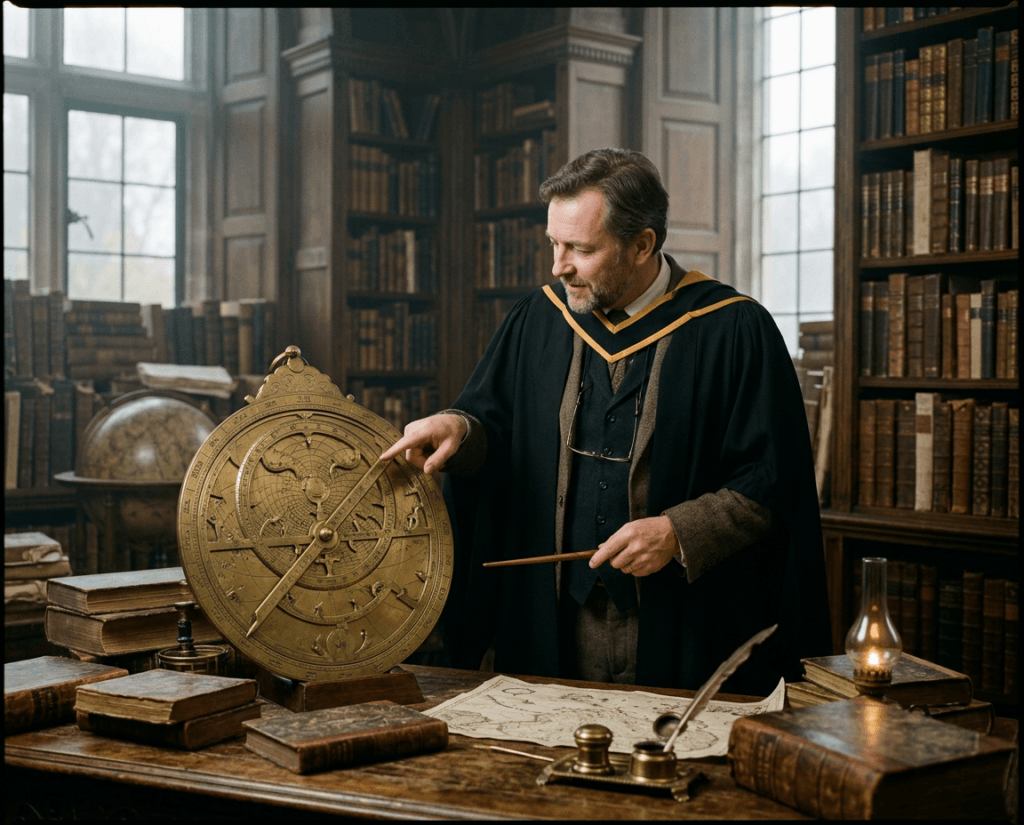 Illustration of a medieval astrologer consulting star charts in an old library, representing the long history of astrological practice