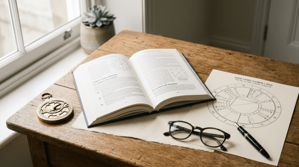 open astrology reference book An open astrology reference book, a printed natal chart, reading glasses and a pen on a wooden desk, representing serious astrological study and credentials.