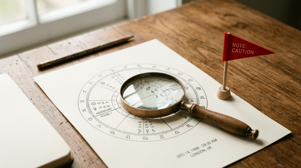 red flag standing beside a magnifying glass A small red flag standing beside a magnifying glass on a printed astrology chart, symbolising the warning signs of an astrology scam.