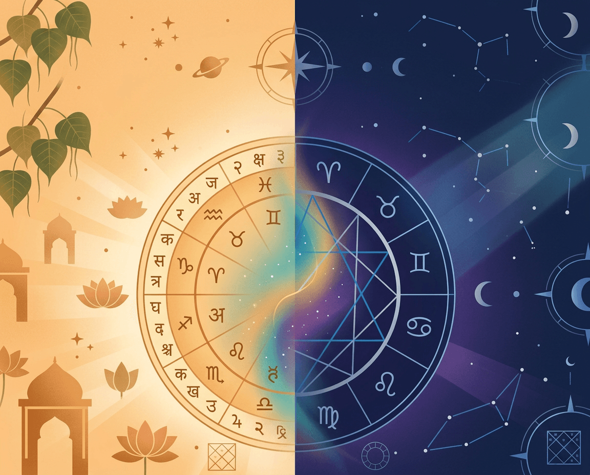 Split-composition editorial illustration for a blog article comparing Vedic and Western astrology.
